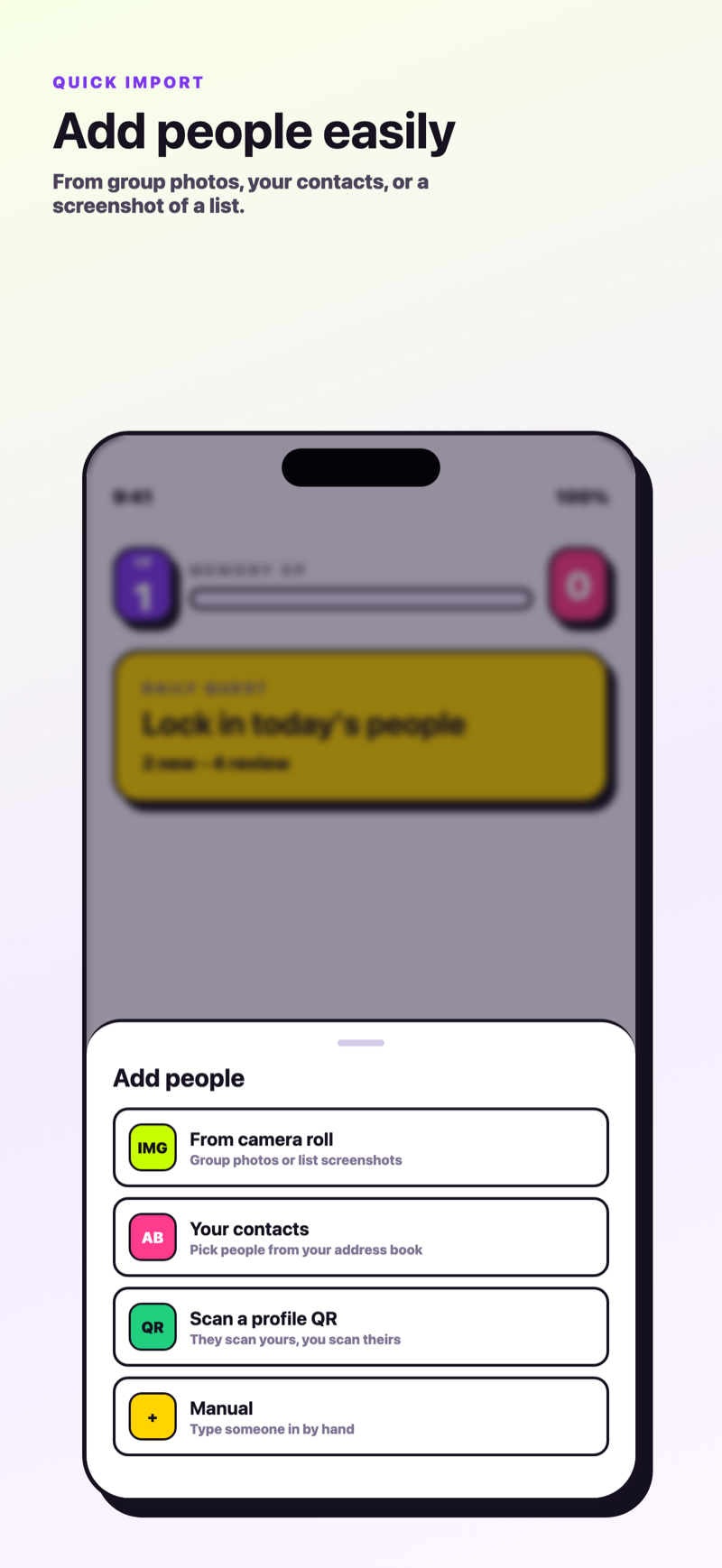 The add-people screen showing quick ways to add someone: camera roll, contacts, screenshot, QR and manual.
